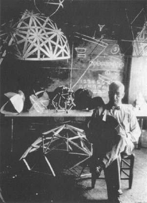 Figure 46: Bucky at Black Mountain College with the first great circle models (WHOLES), 1948. (Estate of R. Buckminster Fuller.)