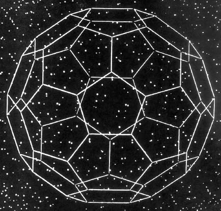 Figure 93: Buckminster Fullerene: C60A remarkably stable cluster of 60 carbon atoms, formed by vaporising graphite by laser irradiation. Its creators/discoverers suggest this may be the form of carbon carried by diffuse interstellar molecules. (From Nature, Vol 318 No. 6042 pp14 Nov. 1995.)