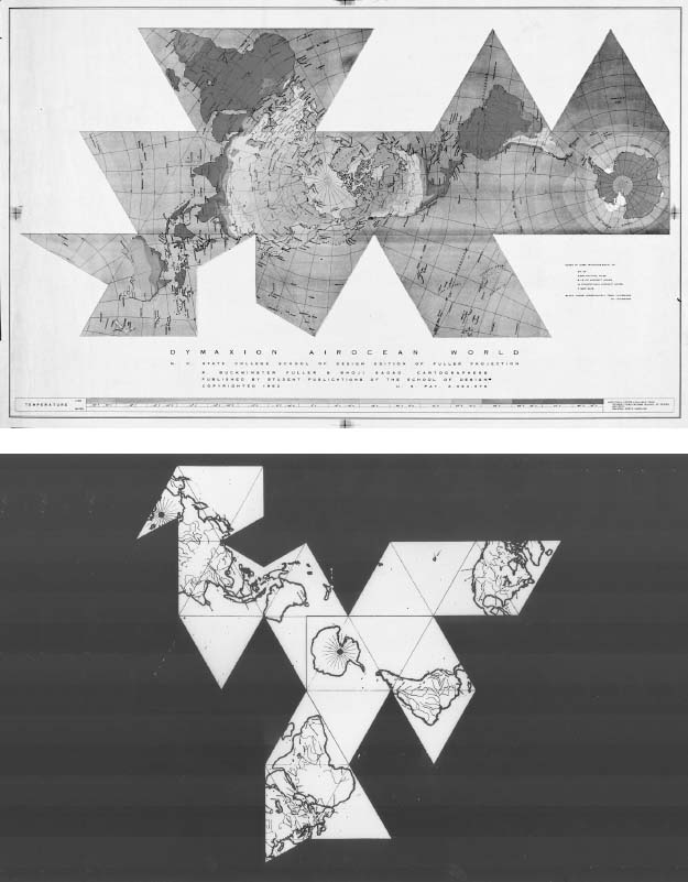 Figure 7: Top: Dymaxion Air/Ocean Map (1954). Bottom: Dymaxion Projections re-assembled at South Pole to show British Empire’s ‘One Ocean World’ (R. B. Fuller and S. Sadao. Estate of R. Buckminster Fuller.)