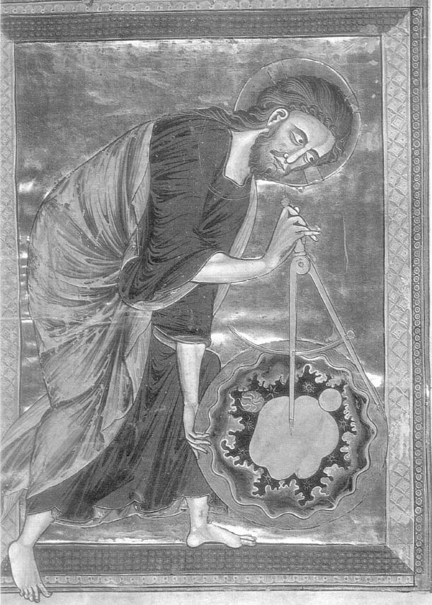 Figure 26: “God geometrizes”, as Plutarch described Plato’s vision in the Timaeus. Minature from Genesis page, mid-13th Century French Bible, Codex 2554, folio IV, Osterreichische Nationalbibliotetek, Vienna)