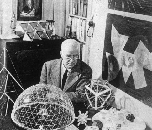 Figure 31: Fuller with early geodesic dome, dymaxion may, tensegrity structure and models derived from his energetic/synergetic geometry; Forest Hills, New York, 1951. (Estate of R. Buckminster)