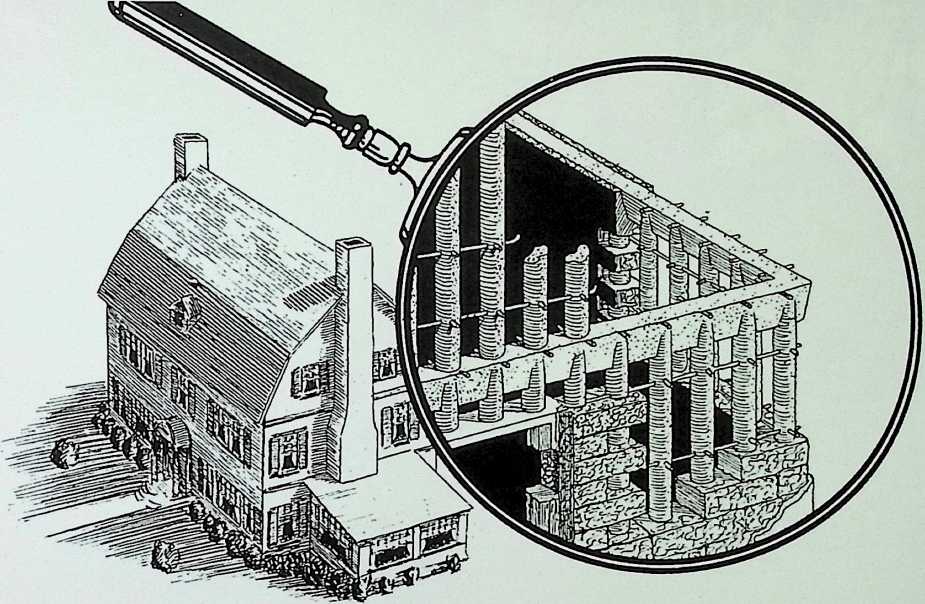 Figure 12: Stockade Building System, Inc., drawing of section of stockade wall with molds cut away to reveal reinforced concrete frame, 1926.