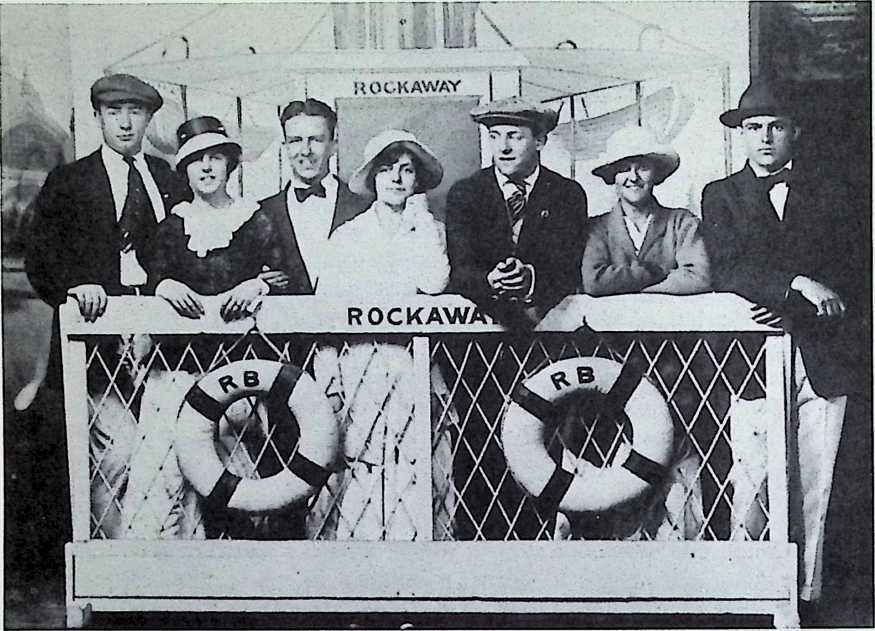 Figure 7: Outing at Rockaway Beach 1916. Left to right: Tilden Hazard, Anne Hewlett, Bucky, Anglesea Hewlett, unknown young man, Margery Beard, James M. Hewlett, Jr.