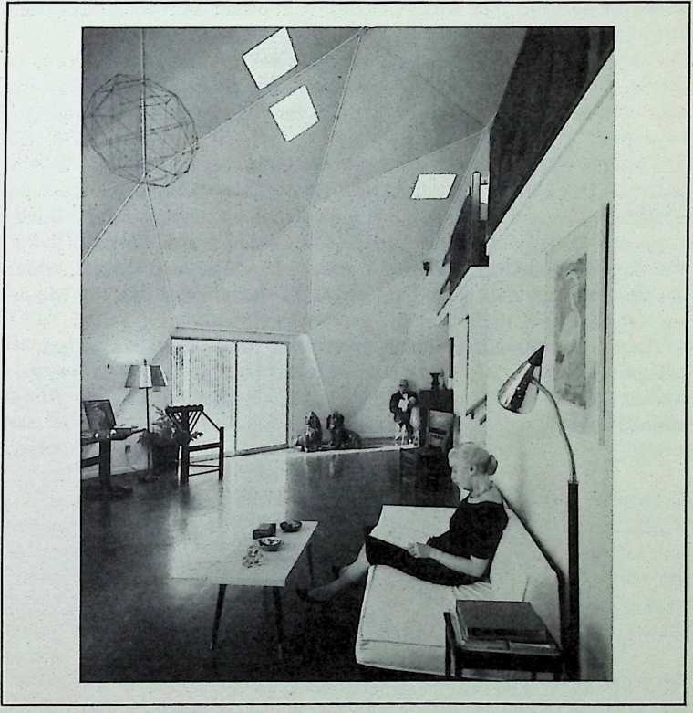 Figure 27: Living room of the Fullers Dome House in Carbondale (Anne on sofa, Bucky at rear), 1963.
