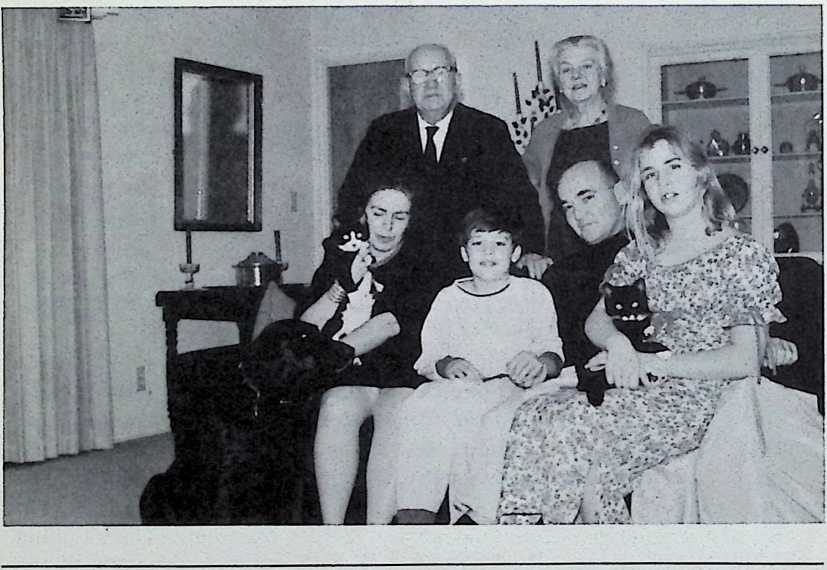 Figure 33: Bucky and his family: Bucky, Anne, Allegro holding cat (Gemini), Jaime, Alexandra holding Mustachio, Bob Snyder’s head between Jaime and Alexandra, 1963.