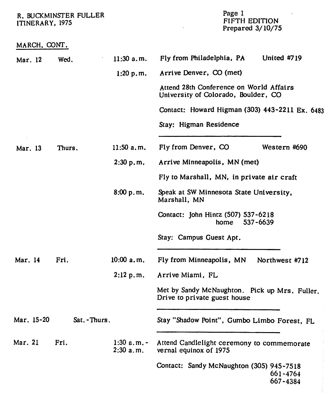 Figure 1: An extract of Fuller’s itinerary for two weeks in March 1975. His typed schedule is revised twice a month with copies mailed to family and friends.