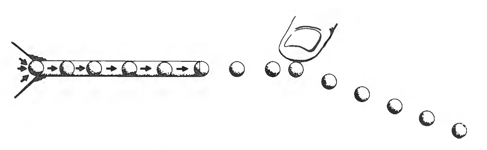 Figure 1: Peashooter and downward deflected pea trajectory.
