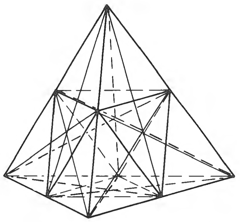 Figure 15: The six great-circle-spun subdivisions of the tetrahedronwhat I call the A and B Quanta Modules. All regular polyhedra (other than the icosahedron and the pentagonal odecahedron) are composed of fractional elements of the tetrahedron and octahedron. These elements are known in synergetics as the A and B Quanta Modules. They each have a volume of of a tetrahedron (see  (Fuller 1982a), Secs. 910–916). This illustration shows the six great-circle-spun subdivisions of the regular primitive tetrahedron into its twenty-four A Quanta Modules and of the contained octahedron into its forty-eight A and forty-eight B Quanta Modules by the further symmetrically spun four great circles of unique spinnability of the four axes of the eight opposite regular triangles of the tetrahedron-contained octahedron (see   (Fuller 1983), Sec. 987).