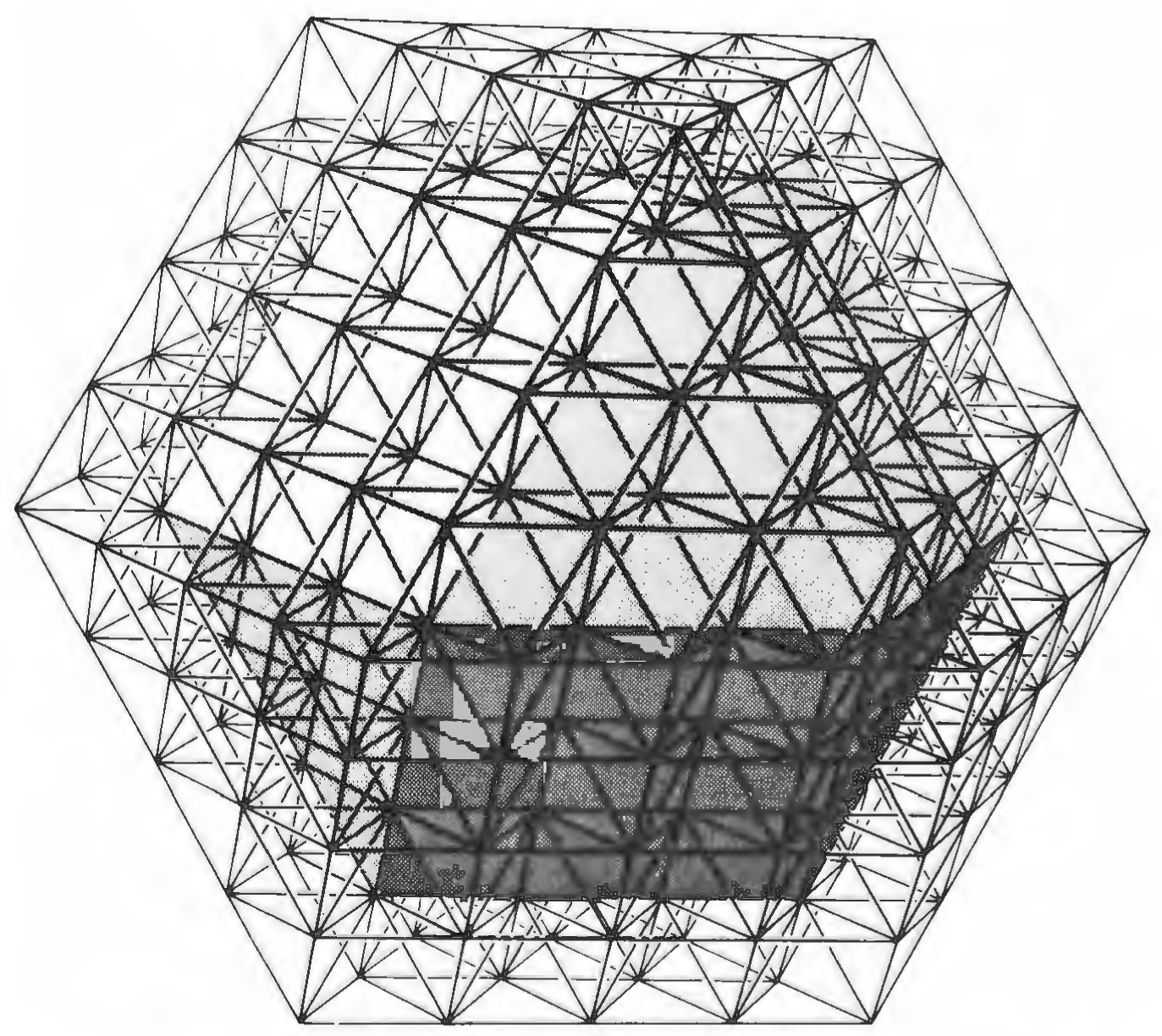 Figure 60: Nuclear structural systems. Nuclear structural systems consist entirely of tetrahedra having a common interior vertex. They may be interiorly truncated by introducing special-case frequency, which provides chordal as well as radial modular subdivisioning of the isotropic-vector-matrix intertriangulation, while sustaining the structural rigidity of the system.
