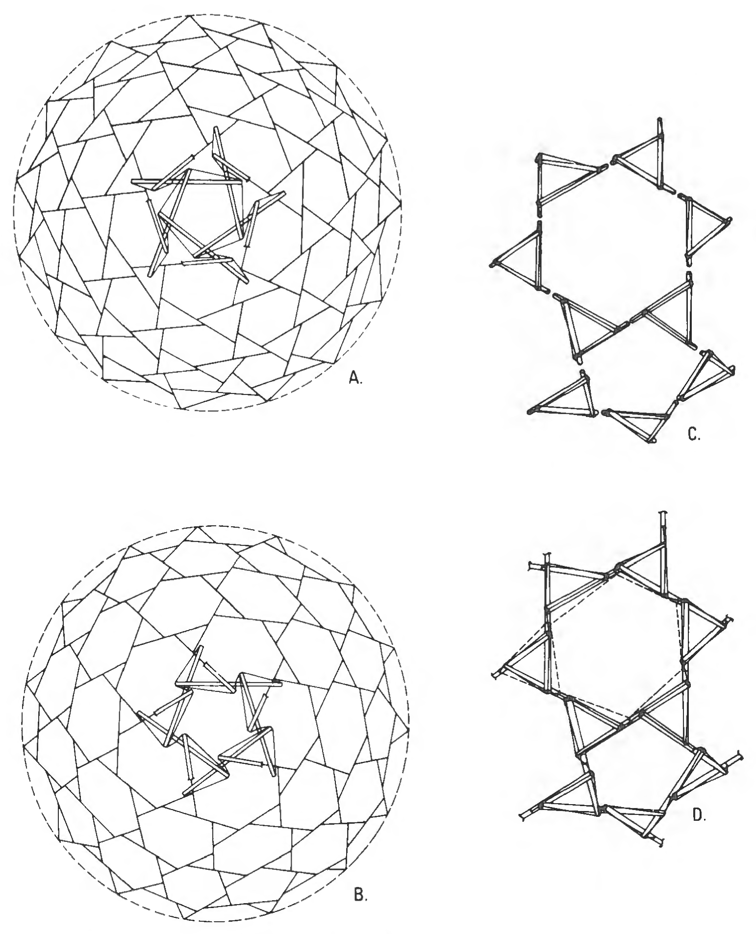 Figure 64: Single and double bonding of members in tensegrity spheres. A, negatively rotating triangles on a 270-strut tensegrity geodesic sphere with double-bonded triangles; B, a 270-strut isotropic tensegrity geodesic sphere, with single-bonded turbo triangles forming a complex six-frequency triacontahedron tensegrity; C, complex of basic three-strut tensegrities, with axial alignment whose exterior terminals are to be joined in single bond as 90-strut tensegrity; D, complex of basic three-strut tensegrity units with exterior terminals now joined.