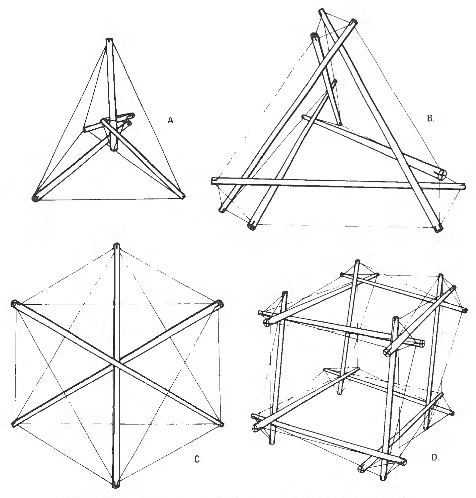 Figure 65: Basic tensegrities. A, the four-strut, twelve-tendoned, outside-in (negative) tetrahedron, showing the four outer vertex turbining. B, the six-strut tensegrity, 18-tendoned, outside-out (positive) tetrahedron, showing central-angle turbining. C, the three-strut, twelve-tendoned tensegrity octahedron. The three compression struts do not touch each other as they pass at the center of the octahedron; they are held together only at their terminals by the comprehensive, triangular tension net. It is the simplest form of tensegrity. D, the twelve-strut, 48-tensioned tensegrity cube, which is unstable.