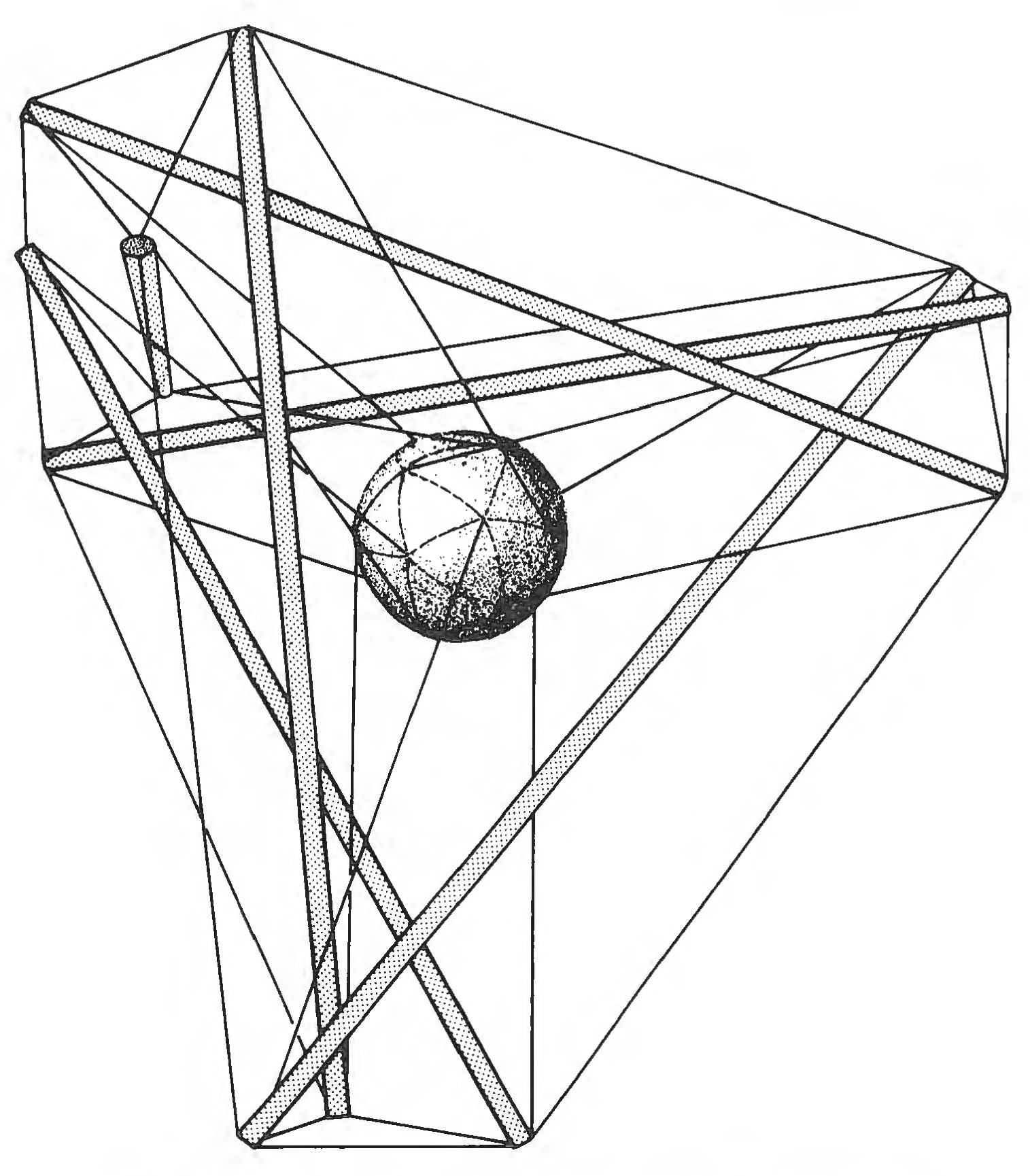 Figure 67: A system within a system: tensegrity tetrahedron with a tensionally positioned central ball suspended at its center of volume. Central ball completely restrained in terms of all twelve degrees of freedom of all individual systems. Note that the six “solid,” push-pull compression members are the acceleration vectors trying to escape from the system at either end by action and reaction, whereas both ends of each would-be escapee are restrained by four tensional wires, two long and two short, while the ball at the center is restrained from local displacement, torque, and twist by three triangulated tension wires, each also tangentially affixed to each of the four outer corner balls.