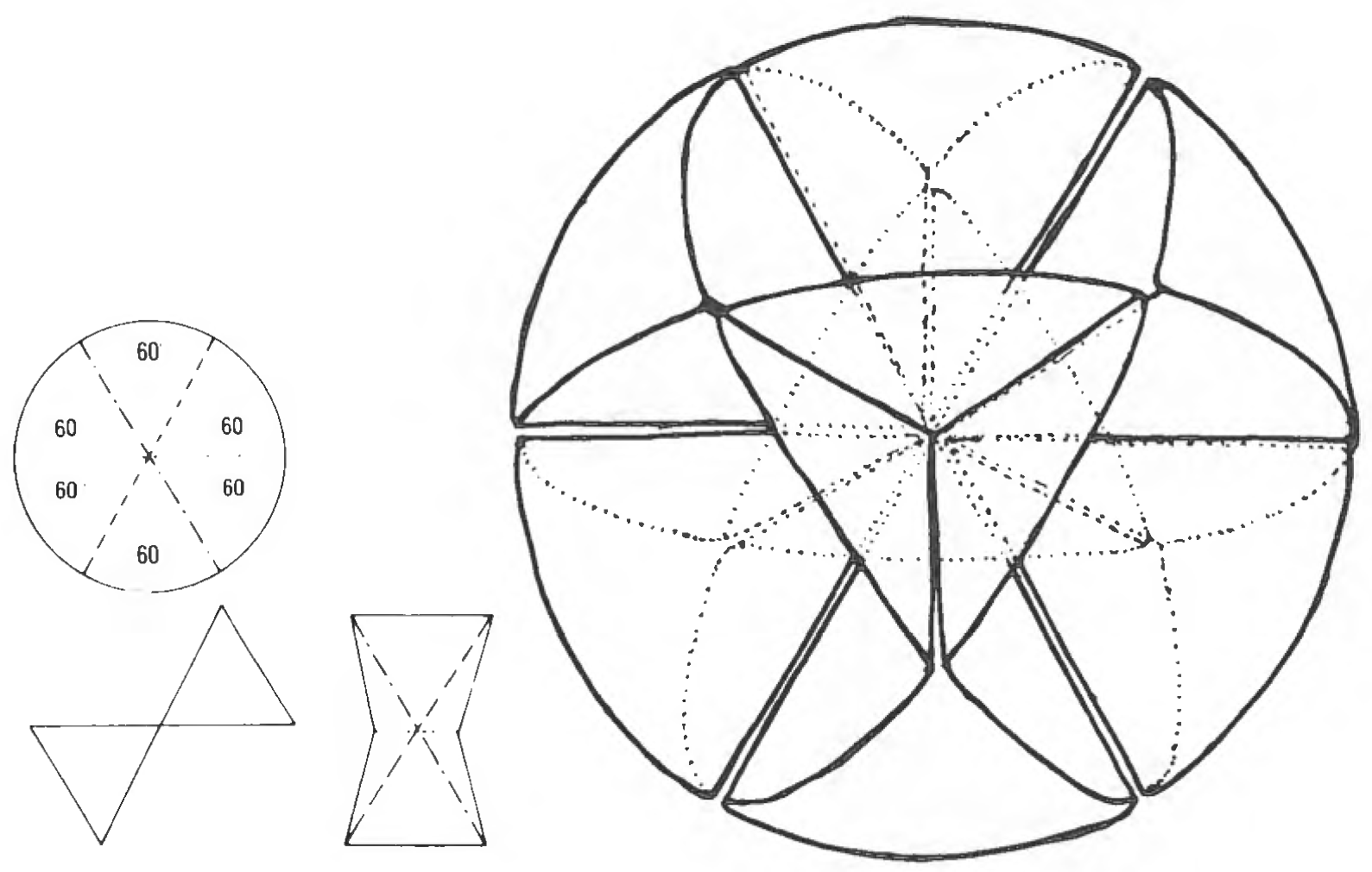 Figure 99: Vector equilibrium constructed of four foldable great circles. As with the other polyhedra, a vector equilibrium may be constructed of great circles cut from paper.