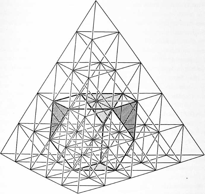 Figure 33: 986.062 Truncated Tetrahedron within Five-frequency Tetra Grid: Truncating the vertexes of the tetrahedron results in a polyhedron with four triangular faces and our hexagonal faces. (Compare Figs. *1041.11* and *1074.13*.)