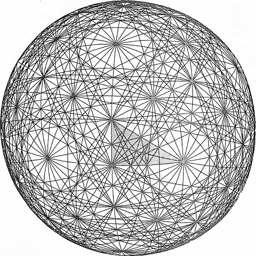 Figure 48: Fig. 987.132E Composite of Primary and Secondary Icosahedron Great Circle Sets : This is a black-and-white version of color plate 30. The Basic Disequilibrium 120 LCD triangle as presented at Fig. 901.03 appears here shaded in the spherical grid. In this composite icosahedron spherical matrix all of the 31 primary great circles appear together with the three sets of secondary great circles. (The three sets of secondary icosahedron great circles are shown successively at color pla tes 27–29.)