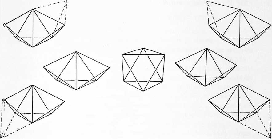 Figure 24: Fig. *936.19 Tetrahedral Quantum is Lost and Reappears in Transformation between Octahedron and Three-tetra-arc Tetrahelix:* This transformation has the precessional effect of rearranging the energy vectors from 4-tetravolumes to 3-tetravolumes and reverse. The neutral symmetric octahedron rearranges itself into an asymmetric embryonic wave pattern. The four-membered individual-link continuity is a potential electromagnetic-circuitry gap closer. The furthermost ends of the tetra-arc group are alternatively vacant. (See also color plate 6.)