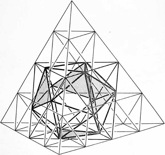 Figure 56: Fig. 988.12 Icosahedron Inscribed Within Octahedron: The four-frequency tetrahedron inscribes an internal octahedron within which may be inscribed a skew icosahedron. Of the icosahedron’s 20 equiangular triangle faces, four are congruent with the plane of the tetra s faces (and with four external faces of the inscribed octahedron). Four of the icosahedron’s other faces are congruent with the remaining four internal faces of the icosahedron. Two-fifths of the icosa faces are congruent with the octa faces. It requires 24  Quanta Modules to fill in the void between the octa and the icosa.